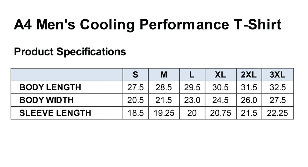 2000 Percent Raise™, A4 Men's Cooling Performance T-Shirt - Size Chart