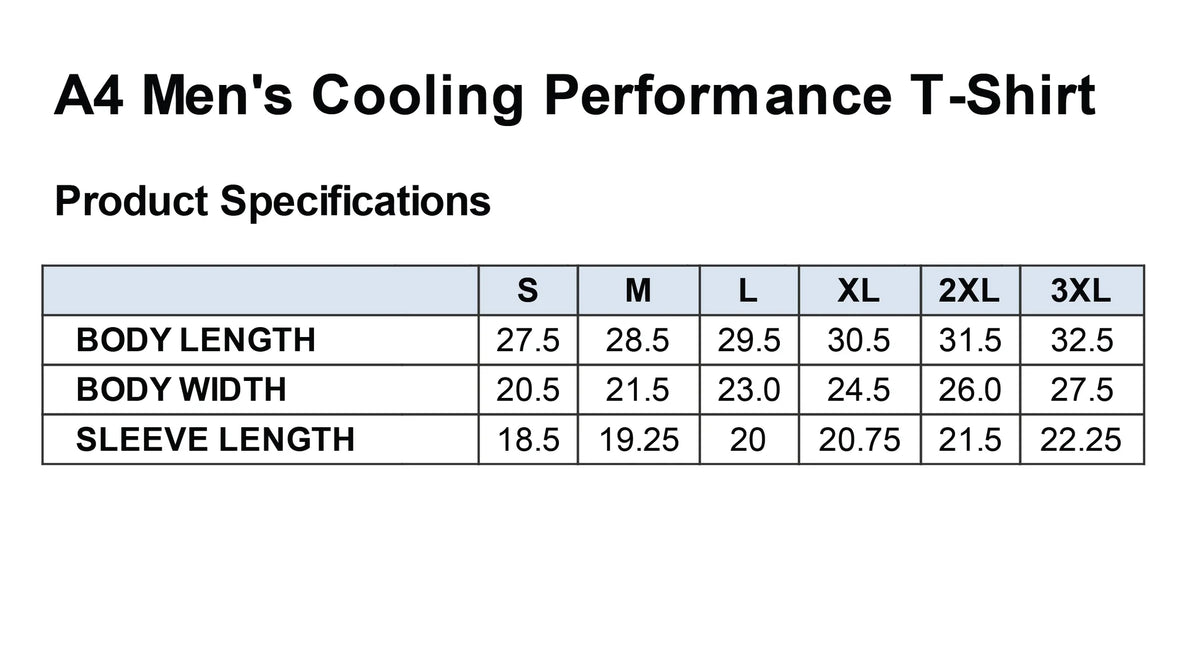 2000 Percent Raise™, A4 Men's Cooling Performance T-Shirt - Size Chart