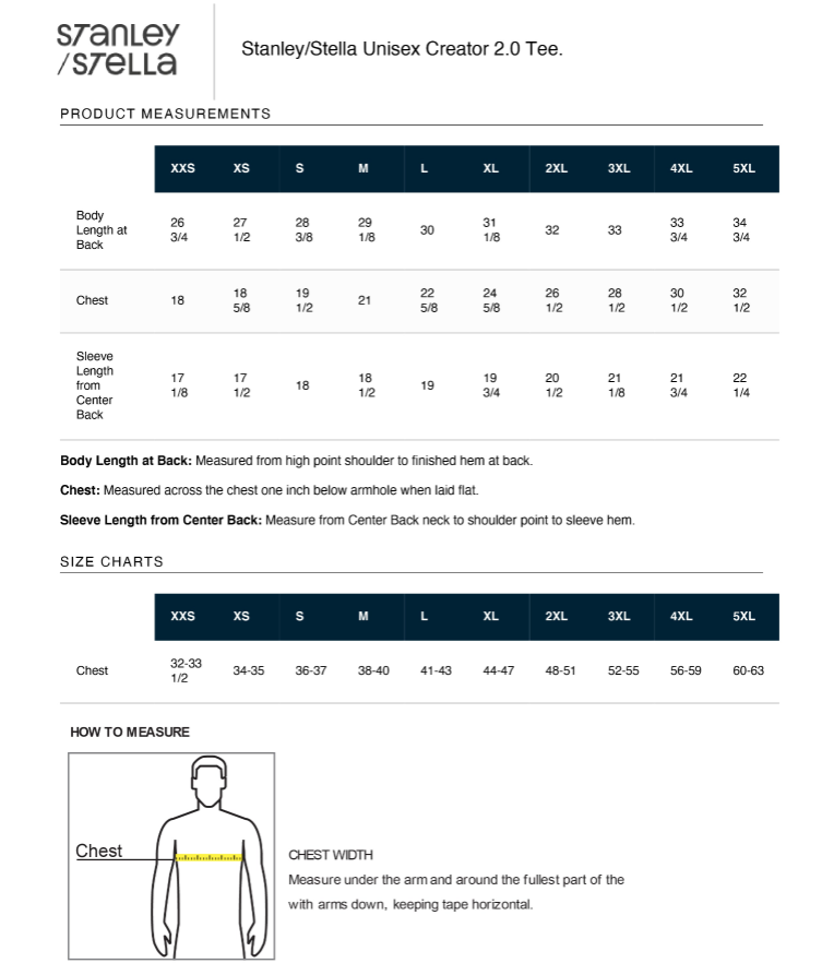 2000 Percent Raise™, Premium Unisex Creator 2.0 T-Shirt - Size Chart